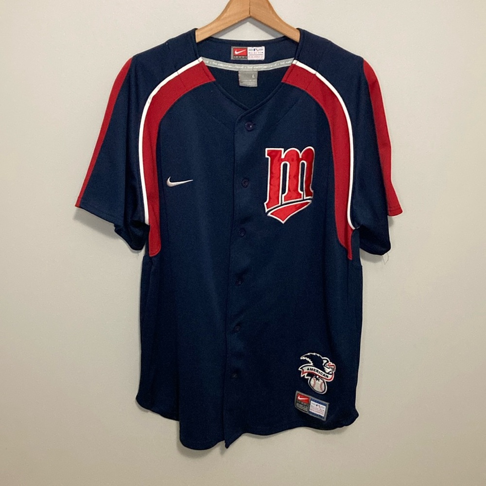 Minnesota Twins Nike Team MLB Sewn Baseball Jersey Size Large Blue and Red